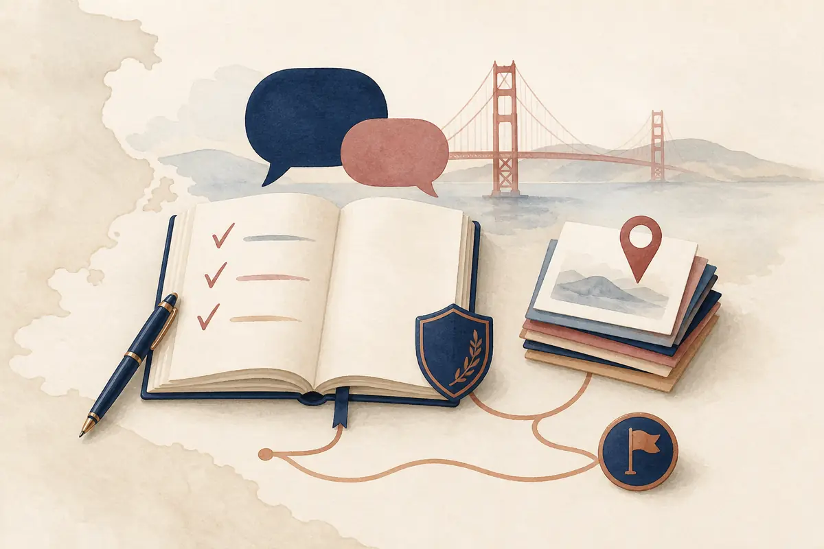 Notebook, privacy shield, conversation cards, location marker, and the Golden Gate Bridge illustrating the site's editorial method